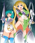  anime_coloring armor bikini_armor blonde_hair blue_eyes blue_hair bow_(weapon) breasts capitan_(tsyoujo) commentary_request covered_nipples elf forest gauntlets grey_eyes highres holding holding_weapon large_breasts long_hair looking_at_viewer multiple_girls nature open_mouth original pointy_ears polearm shield thighhighs twintails weapon 