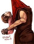  1girl bad_id bad_pixiv_id blood commentary_request gloves helmet mary_shepherd-sunderland monster muscle pyramid_head silent_hill silent_hill_2 tokutoku 