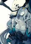  breasts cleavage commentary_request entombed_air_defense_guardian_hime frown gloves hair_over_one_eye hood hood_up kantai_collection large_breasts long_hair long_sleeves one_eye_covered shadow shinkaisei-kan sidelocks silver_hair solo upper_body walzrj white_background yellow_eyes 