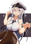  absurdres azur_lane breasts commentary enterprise_(azur_lane) glasses hat highres j.roswel large_breasts long_hair necktie peaked_cap purple_eyes shirt silver_hair skirt sleeveless smile solo thighhighs very_long_hair 