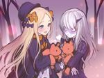  abigail_williams_(fate/grand_order) albino black_bow black_hat blue_eyes blush bow commentary_request fate/grand_order fate_(series) hair_bow hat heart holding holding_stuffed_animal horn lavinia_whateley_(fate/grand_order) long_hair looking_at_another multiple_girls no_pupils open_mouth orange_bow oukawa_yuu red_eyes stuffed_animal stuffed_toy teddy_bear very_long_hair white_hair yuri 