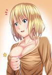  1girl blonde_hair blue_eyes blush breasts cleavage collarbone commentary_request eyebrows_visible_through_hair hair_between_eyes highres large_breasts long_sleeves original short_hair shuko_hime solo tawagoto_dukai_no_deshi upper_body 
