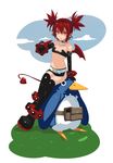  bare_shoulders black_gloves breasts choker demon_girl demon_tail disgaea earrings etna flat_chest gloves jewelry long_hair looking_at_viewer makai_senki_disgaea navel nopae pointing pointing_down pointy_ears prinny red_eyes red_hair simple_background sitting sitting_on_person skirt tail thighhighs twintails very_long_hair wings 