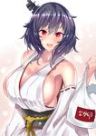  bag black_hair breasts commentary_request cowboy_shot detached_sleeves hair_ornament highres kantai_collection large_breasts looking_at_viewer nakau nontraditional_miko open_mouth plastic_bag red_eyes sankakusui short_hair sideboob solo wide_sleeves yamashiro_(kantai_collection) 