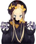  abigail_williams_(fate/grand_order) bangs black_bow black_dress black_hat blonde_hair blue_eyes bow closed_mouth commentary dress fate/grand_order fate_(series) hair_bow hands_up hat long_hair long_sleeves looking_at_viewer misoni_comi orange_bow parted_bangs polka_dot polka_dot_bow simple_background sleeves_past_fingers sleeves_past_wrists smile solo tsurime upper_body white_background 