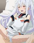  1boy 1girl aliasing bare_shoulders blush censored clothed_female_nude_male collarbone detached_sleeves dress dress_lift eyebrows_visible_through_hair hetero isla_(plastic_memories) missionary mosaic_censoring necktie nude open_mouth panties panties_aside penis plastic_memories pussy red_eyes revision silver_hair sleeves solo_focus spread_legs sweat tomu_(tomubobu) underwear 