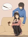  1boy 1girl black_legwear brown_eyes brown_hair couch couple crossed_legs food food_in_mouth hetero highres kimi_no_na_wa leg_hug miyamizu_mitsuha mouth_hold older one_eye_closed pantyhose pink_background pocky simple_background sitting smile smirk speech_bubble squidsmith sweater tachibana_taki 