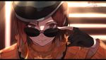  artist_name beret black_gloves brown_eyes brown_hair coco_adel commentary eyewear_pull fingerless_gloves gloves hat isshiki_(ffmania7) letterboxed partly_fingerless_gloves ribbed_sweater rwby signature solo sunglasses sweater turtleneck turtleneck_sweater twitter_username upper_body 