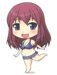  1girl belly bra breasts brown_hair chibi cleavage kato_hayabusa looking_at_viewer medium_breasts miniskirt navel open_mouth original plump purple_eyes skirt smile solo thick_thighs 