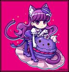  :3 animal_ears boots cat_ears cat_tail chibi choker cure_macaron elbow_gloves extra_ears food food_themed_hair_ornament gloves hair_ornament kirakira_precure_a_la_mode kotozume_yukari layered_skirt leaning_forward long_hair looking_at_viewer macaron macaron_hair_ornament magical_girl object_namesake paw_pose pink_background precure purple purple_eyes purple_footwear purple_hair purple_neckwear purple_skirt ribbon_choker simple_background skirt smile solo standing tail take_(takegene) thigh_boots thighhighs white_gloves zettai_ryouiki 