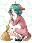  animal_ears bamboo_broom bangs broom commentary_request dog_ears dog_tail dress from_side full_body green_eyes green_hair kasodani_kyouko long_sleeves looking_at_viewer looking_to_the_side mito_tsubaki parted_lips pink_dress short_hair solo squatting tail touhou wavy_hair 