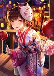  black_hair blush candy_apple commentary_request eyebrows_visible_through_hair fireworks food japanese_clothes kim_eb kimono looking_at_viewer mask mask_on_head open_mouth orange_eyes original pink_kimono revision short_hair smile solo teeth 