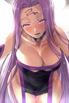  :d bare_shoulders black_dress blush breasts cleavage collar collarbone covered_navel cowboy_shot detached_collar dress elbow_gloves facial_mark fate/stay_night fate_(series) forehead forehead_mark foreshortening gloves hanging_breasts hijiri large_breasts leaning_forward long_hair looking_at_viewer open_mouth purple_eyes purple_hair rider sleeveless smile solo standing strapless strapless_dress thigh_gap thighs tsurime very_long_hair white_background 