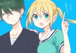  1boy 1girl :o akizuki_kouyou between_breasts blend_s blonde_hair blue_background blush breasts casual check_translation closed_mouth collarbone green_eyes green_hair green_shirt half-closed_eyes hinata_kaho index_finger_raised large_breasts long_sleeves nekoume open_mouth sailor_collar shirt short_sleeves simple_background sweat sweatdrop symbol-shaped_pupils translation_request twintails upper_body wavy_mouth white_sailor_collar 