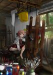  akigumo_(kantai_collection) allez0525 barefoot blurry blush brown_hair bucket canvas_(object) depth_of_field green_eyes hair_ribbon indoors kantai_collection light_rays mole mole_under_eye paintbrush painting pleated_skirt ponytail radio ribbon school_uniform skirt solo stool wide_shot wooden_floor 