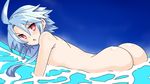 ahoge ass blue_hair iwasi-r looking_at_viewer neptune_(series) nude partially_submerged power_symbol red_eyes short_hair_with_long_locks soaking_arms solo symbol-shaped_pupils water white_heart 