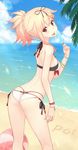  2016 ass back bangs beach bikini black_ribbon blonde_hair blue_sky blush bracelet braid breasts cloud commentary_request dan_(kumadan) dated day flat_ass food from_behind hair_flaps hair_ornament hair_ribbon hairclip highres jewelry kantai_collection licking long_hair looking_at_viewer looking_back medium_breasts ocean open_mouth outdoors poi ponytail popsicle red_eyes remodel_(kantai_collection) revision ribbon sand side-tie_bikini single_braid sky smile solo strap_gap swimsuit thong thong_bikini tongue tongue_out water white_bikini yuudachi_(kantai_collection) 
