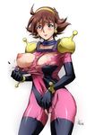  blue_eyes blush bodysuit breasts brown_hair cameltoe closed_mouth commentary_request covered_navel covered_nipples earrings g_gundam gundam hairband jewelry konkitto large_breasts lips looking_at_viewer mobile_trace_suit nipples one_breast_out pink_bodysuit rain_mikamura shiny shiny_clothes shiny_hair shiny_skin short_hair skin_tight solo standing tearing_clothes torn_bodysuit torn_clothes white_background 