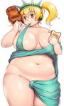  :&gt; blonde_hair blush boned_meat breasts breasts_apart closed_mouth collarbone commentary_request cosplay covered_nipples cowboy_shot eyebrows_visible_through_hair fat food good_meat_day groin hair_between_eyes head_tilt headphones highres holding holding_food huge_breasts large_breasts looking_at_viewer meat navel nitroplus orange_eyes orizen solo standing statue_of_liberty statue_of_liberty_(cosplay) steam super_pochaco toast white_background 