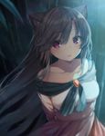  animal_ears arms_behind_back bare_shoulders breasts brooch brown_hair collarbone commentary dress imaizumi_kagerou jewelry long_hair looking_at_viewer medium_breasts off-shoulder_dress off_shoulder parted_lips red_eyes shinoba solo touhou very_long_hair wolf_ears 