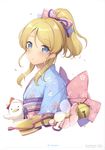  6u_(eternal_land) absurdres ayase_eli bangs bell blonde_hair blue_eyes blue_kimono bow character_name earrings eyebrows_visible_through_hair floral_print hair_bow highres huge_filesize japanese_clothes jewelry kimono long_hair looking_at_viewer love_live! love_live!_school_idol_project obi petals ponytail print_kimono sash scan simple_background solo upper_body white_background 