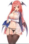  black_legwear book breast_hold breasts cherry cleavage commentary_request food fruit garter_belt head_wings holding holding_book jpeg_artifacts koakuma large_breasts long_hair looking_at_viewer natsuki_(ukiwakudasai) no_bra no_pants red_eyes red_hair shirt simple_background smile solo thigh_gap thighhighs touhou very_long_hair wet white_background white_shirt wing_collar 