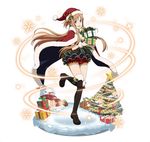  :d asuna_(sao) black_footwear boots box breasts brown_eyes brown_hair cape christmas cleavage floating_hair full_body fur_trim gift gift_box hat holding holding_box leg_up long_hair looking_at_viewer medium_breasts official_art open_mouth red_cape red_hat red_shorts santa_hat short_shorts shorts smile snow solo standing standing_on_one_leg sword_art_online sword_art_online:_code_register thigh_boots thighhighs very_long_hair 