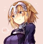  blonde_hair blush breasts capelet chain closed_mouth dress embarrassed eyebrows_visible_through_hair fate/apocrypha fate_(series) flying_sweatdrops gorget headpiece highres jeanne_d'arc_(fate) jeanne_d'arc_(fate)_(all) large_breasts long_hair looking_away nose_blush pink_background purple_dress purple_eyes simple_background solo spoken_blush sukemyon upper_body 
