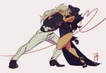  1girl age_difference alternate_hairstyle black_dress black_hair closed_eyes couple dancing dress formal full_body grey_hair hetero high_heels highres kiss laura_matsuda leg_lift long_hair side_slit sideburns street_fighter street_fighter_v z0mbiraptor zeku 