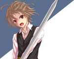  ahoge bangs brown_hair commentary eyebrows_visible_through_hair fate/apocrypha fate_(series) highres holding holding_sword holding_weapon long_sleeves male_focus multicolored multicolored_background red_eyes shirt short_hair sieg_(fate/apocrypha) solo sword user_hrvr7577 waistcoat weapon white_shirt 