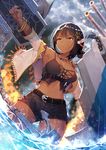  aircraft airplane anchor arm_up armpits azur_lane bare_shoulders belt black_hair braid breasts brown_eyes camisole chain cleavage cloud cloudy_sky commentary_request crop_top dark_skin detached_sleeves feathers hair_between_eyes hair_feathers hair_ornament jewelry kibanda_gohan large_breasts long_hair machinery midriff native_american navel necklace ocean shorts sky solo south_dakota_(azur_lane) thighhighs turret white_legwear 
