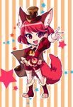  :d animal_ears arm_up bike_shorts boots brown_cape brown_hat cape cosplay cure_chocolat cure_chocolat_(cosplay) dog_ears dog_tail extra_ears full_body gloves hat highres juliet_sleeves kenjou_miku kirakira_precure_a_la_mode knee_boots long_sleeves looking_at_viewer magical_girl open_mouth precure puffy_sleeves red_eyes red_footwear red_hair red_shorts short_hair shorts shorts_under_skirt skirt smile solo standing star striped striped_background tail take_(takegene) thighhighs top_hat vertical-striped_background vertical_stripes white_gloves white_legwear white_skirt 