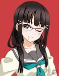  2017 ;) alternate_hairstyle aqua_neckwear bespectacled blush brown_hair closed_mouth collarbone dated eyebrows_visible_through_hair glasses green_eyes hair_over_shoulder kurosawa_dia long_hair looking_at_viewer love_live! love_live!_sunshine!! low_twintails mole mole_under_mouth neckerchief number one_eye_closed over-rim_eyewear red-framed_eyewear red_background school_uniform semi-rimless_eyewear serafuku signature simple_background sketch smile solo takeya_yuuki twintails upper_body uranohoshi_school_uniform 