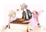  2boys ahoge astolfo_(fate) bangs black_jacket black_ribbon blonde_hair braid breasts brown_hair closed_eyes commentary eyebrows_visible_through_hair fang fate/apocrypha fate_(series) food fruit hair_between_eyes hair_ornament hair_ribbon hood hooded_jacket jacket jeanne_d'arc_(fate) jeanne_d'arc_(fate)_(all) kotatsu large_breasts lem96rem long_braid long_hair long_sleeves looking_at_another male_focus multicolored_hair multiple_boys open_clothes open_jacket orange otoko_no_ko pantyhose pink_eyes pink_hair pink_jacket purple_ribbon red_eyes ribbon shirt short_hair sieg_(fate/apocrypha) single_braid sitting skirt table thinking two-tone_hair very_long_hair white_shirt 