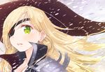  blizzard blonde_hair blush cape eyepatch green_eyes hat long_hair looking_at_viewer open_mouth othinus outdoors snow snowflakes snowing solo to_aru_majutsu_no_index to_aru_majutsu_no_index:_new_testament winter witch_hat 