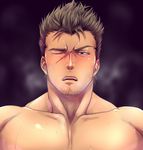  1boy blush facial_hair funa_(artist) male_focus muscle pecs scar solo steam sweat topless wince wink 