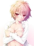  bangs blush breasts closed_mouth collared_shirt covering covering_breasts eyebrows_visible_through_hair fingernails gradient gradient_background hair_between_eyes highres large_breasts lethe-shion looking_at_viewer naked_shirt navel open_clothes open_shirt original pink_background pink_hair red_eyes shirt short_hair solo upper_body white_shirt 