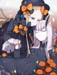  abigail_williams_(fate/grand_order) bags_under_eyes black_bow black_dress black_hat blonde_hair blue_eyes blue_nails bow commentary commentary_request dress fate/grand_order fate_(series) flower gothic_lolita hair_bow hair_ornament hand_on_another's_head hat highres holding_hands horn lavinia_whateley_(fate/grand_order) lolita_fashion long_hair long_sleeves multiple_girls nail_polish oramudayukai orange_bow parted_lips pink_nails polka_dot polka_dot_bow purple_eyes shaded_face silver_hair sleeves_past_wrists 