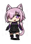  :d animal_ears armor armored_dress bare_shoulders black_armor blush boots cat_ears cat_tail chibi cowfee eyebrows_visible_through_hair fate/grand_order fate_(series) full_body gauntlets hair_over_one_eye kemonomimi_mode knee_boots mash_kyrielight open_mouth pink_hair purple_eyes short_hair signature smile solo standing tail 