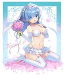  :d blue_eyes blue_hair blush bouquet breasts bridal_veil character_name cleavage detached_sleeves eyebrows_visible_through_hair eyes_visible_through_hair flower garter_straps hair_flaps hair_over_one_eye hairband hayama_eishi high_heels highleg highleg_panties holding holding_bouquet jewelry long_sleeves looking_at_viewer medium_breasts midriff miniskirt navel necklace open_mouth panties petals re:zero_kara_hajimeru_isekai_seikatsu rem_(re:zero) short_hair sitting skirt smile solo thighhighs underwear veil wariza white_legwear 