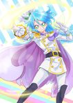  1boy absurdres belt blue_hair boots cape cure_waffle double-breasted epaulettes gloves green_eyes hair_ornament highres kirakira_precure_a_la_mode long_hair magical_boy male_focus pikario_(precure) precure sharumon smile spoilers wand white_gloves 