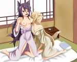  2girls animal_ears barefoot blonde_hair blue_hair blush breast_sucking breasts fox_ears konohana_kitan multiple_girls nipples no_bra no_panties pussy satsuki_(konohana_kitan) small_breasts soles tail yellow_eyes yuri yuzu_(konohana_kitan) 