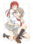  ^_^ brown_footwear brown_hair clenched_teeth closed_eyes hair_ornament half_updo hug hug_from_behind kneehighs kneeling loafers long_hair love_live! love_live!_sunshine!! marimuu multiple_girls pleated_skirt red_hair red_neckwear sakurauchi_riko school_uniform serafuku shoes short_hair short_sleeves simple_background skirt smile socks teeth uranohoshi_school_uniform watanabe_you yuri 