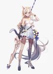  absurdly_long_hair animal_ears ankle_boots armor armored_boots asymmetrical_clothes bangle bare_shoulders bell bell_choker black_legwear blonde_hair blue_bow blue_choker blue_eyes blush boots bow bracelet braid breasts cat_ears cat_tail choker cleavage collarbone dress eyebrows_visible_through_hair fate/apocrypha fate_(series) full_body gauntlets hand_up headpiece high_heel_boots high_heels highres holding jeanne_d'arc_(fate) jeanne_d'arc_(fate)_(all) jewelry jingle_bell kemonomimi_mode legs_apart long_hair looking_at_viewer medium_breasts polearm rabbit_(tukenitian) short_dress simple_background single_braid single_gauntlet single_strap single_thighhigh solo spear star tail thighhighs tsurime very_long_hair weapon white_background white_dress 