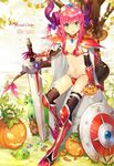  1girl animal blue_eyes boots cape cookies dragon_girl elizabeth_bathory_(brave)_(fate) fate/extra_ccc fate/grand_order fate_(series) grass grave horns lancer_(fate/extra_ccc) long_hair outdoors pauldrons pink_hair pumpkin shield slime spikes squirrel sword tagme tail text 