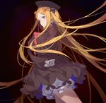 abigail_williams_(fate/grand_order) black_background black_bow black_dress black_hat blonde_hair bloomers blue_eyes bow commentary_request dress fate/grand_order fate_(series) gothic_lolita hair_bow hair_ornament hat highres lolita_fashion long_hair long_sleeves looking_at_viewer orange_bow polka_dot polka_dot_bow red_cucumber simple_background sleeves_past_wrists solo stuffed_animal stuffed_toy teddy_bear underwear very_long_hair white_bloomers 