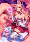  ahri alternate_costume alternate_hair_color animal_ears bare_shoulders blonde_hair boots breasts choker cleavage detached_sleeves familiar fox_ears fox_tail highres large_breasts league_of_legends long_hair magical_girl nail_polish oopartz_yang orb purple_eyes skirt smile solo space star_guardian_ahri tail thigh_boots thighhighs tiara zettai_ryouiki 