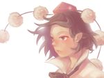  black_hair blush eyebrows hat highres looking_away parted_lips red_eyes red_hat shameimaru_aya short_hair simple_background solo tokin_hat touhou upper_body white_background yoruny 