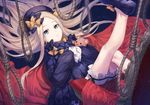  abigail_williams_(fate/grand_order) black_bow black_dress black_footwear blonde_hair bloomers blue_eyes bow dress fate/grand_order fate_(series) frills full_body hair_bow hat heri_(sniper579) leg_up long_hair long_sleeves looking_at_viewer lying mary_janes noose on_back orange_bow rope shoes sleeves_past_fingers sleeves_past_wrists solo stuffed_animal stuffed_toy teddy_bear too_many_bows underwear 