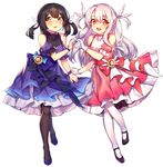  :d ankle_lace-up bangs bare_shoulders black_footwear black_hair black_legwear brown_eyes cross-laced_footwear dress eyebrows_visible_through_hair fate/kaleid_liner_prisma_illya fate_(series) frilled_sleeves frills full_body gloves hair_between_eyes heart heart_hands heart_hands_duo high_heels illyasviel_von_einzbern long_hair looking_at_viewer magical_ruby magical_sapphire mary_janes miyu_edelfelt multiple_girls open_mouth pantyhose parted_lips pink_dress puffy_short_sleeves puffy_sleeves purple_dress purple_footwear red_eyes shennai_misha shoes short_sleeves simple_background smile standing star two_side_up very_long_hair white_background white_gloves white_hair white_legwear wristband 